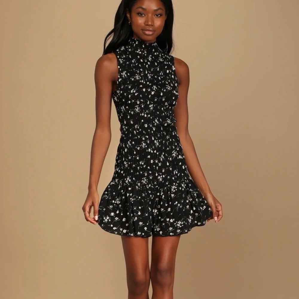 Sleeveless Black Floral Smocked Mini Dress